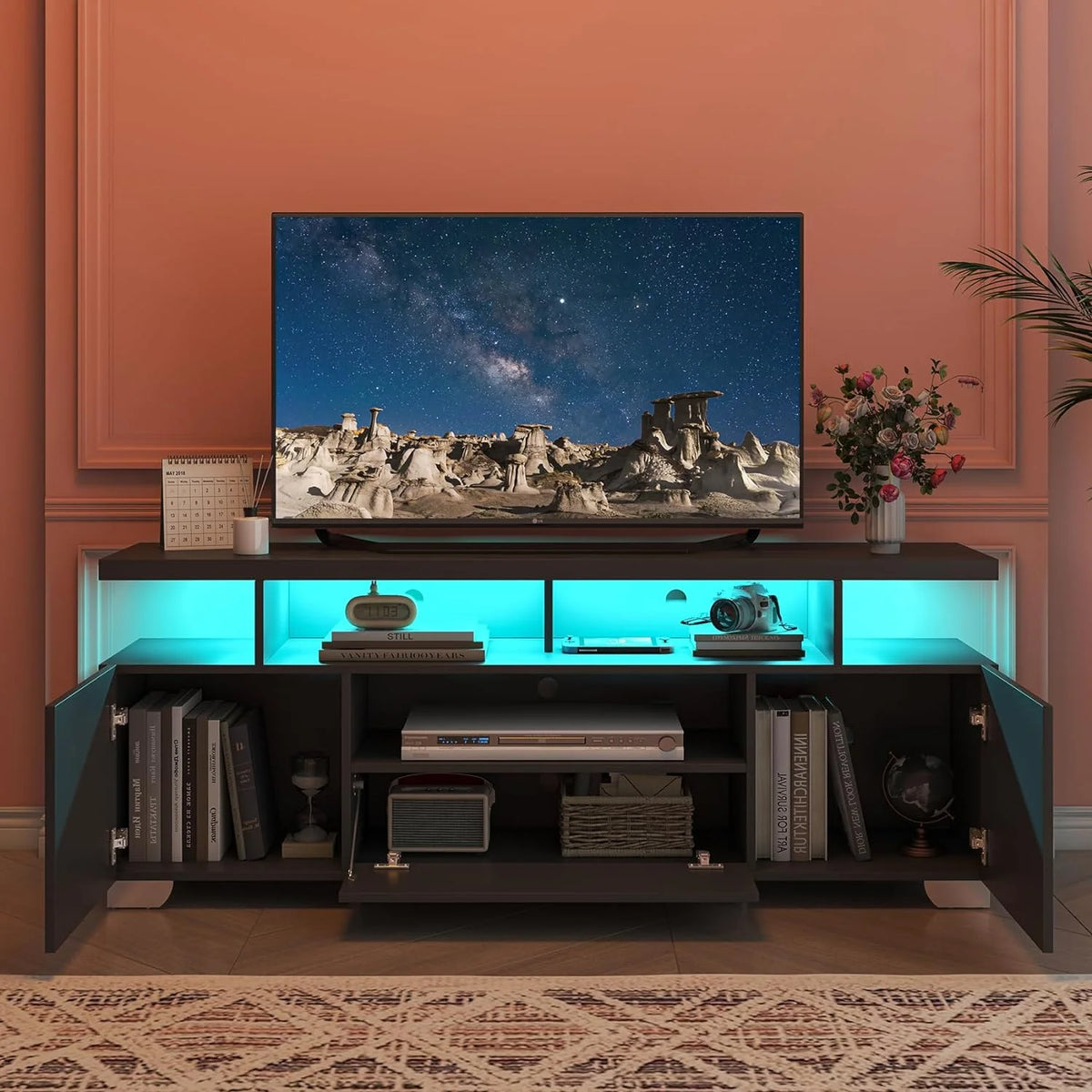 Modern TV Stand with Power Outlet and LED Lights J477