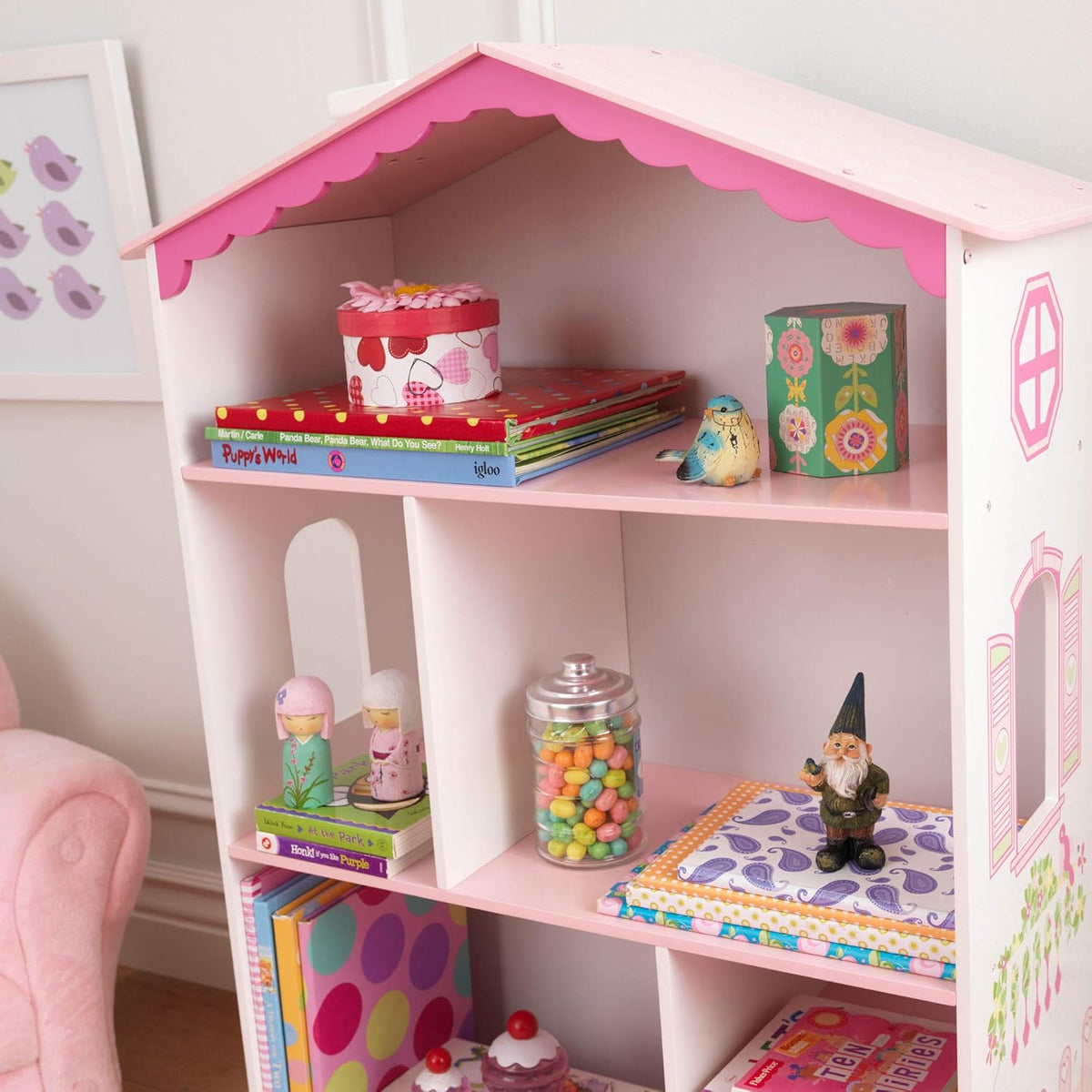 Wooden Dollhouse Bookcase with Shelves and Hidden Storage C914872