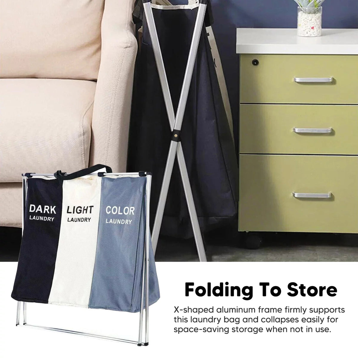 145L Large 3 Section Laundry Basket with Wheels and 3 Removable Bags T66831