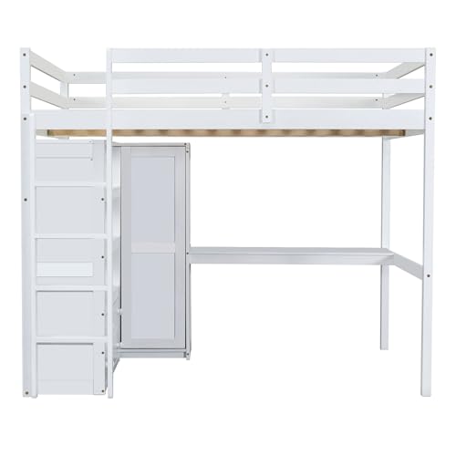 Full Size Solid Wood Loft Bed with Desk and Wardrobe K71112