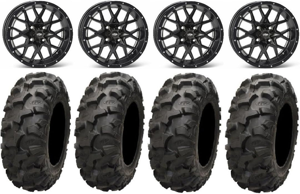 Matte Black 15 Wheels Blackwater Tires 4x137 Bolt Pattern 10mmx1.25 Lug Kit M4742