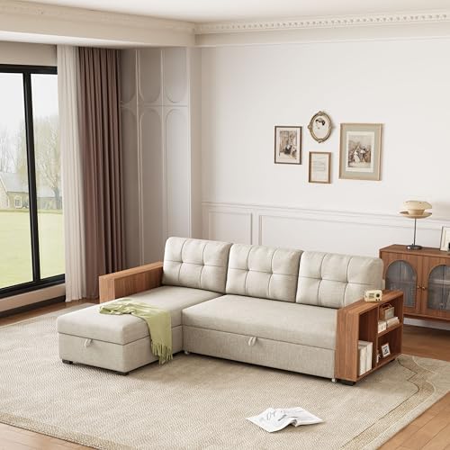 Beige L Shaped Convertible Sectional Sleeper Sofa with Storage Chaise Y4040