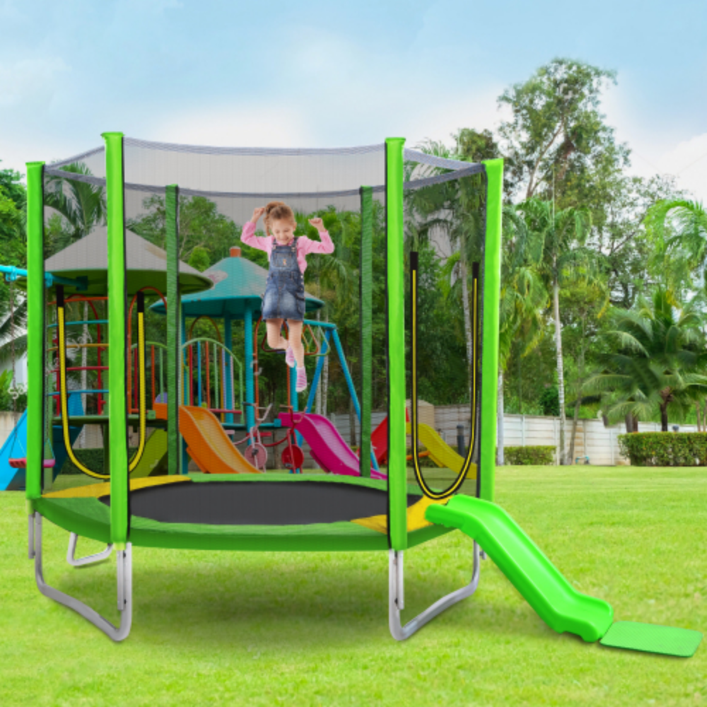 7FT Round Trampoline with Safety Enclosure Net, Slide and Ladder B6062