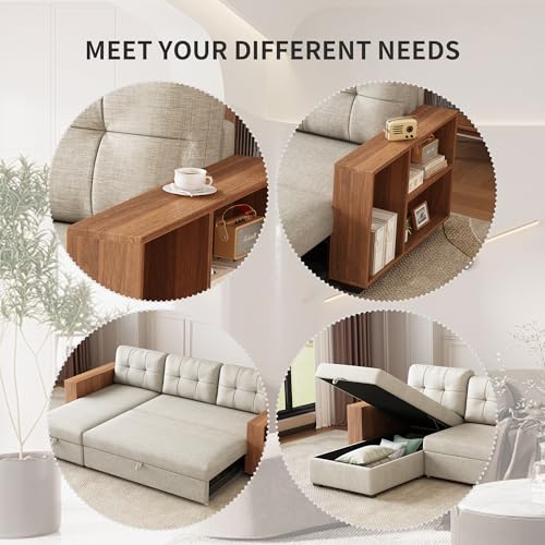 Beige L Shaped Convertible Sectional Sleeper Sofa with Storage Chaise Y4040