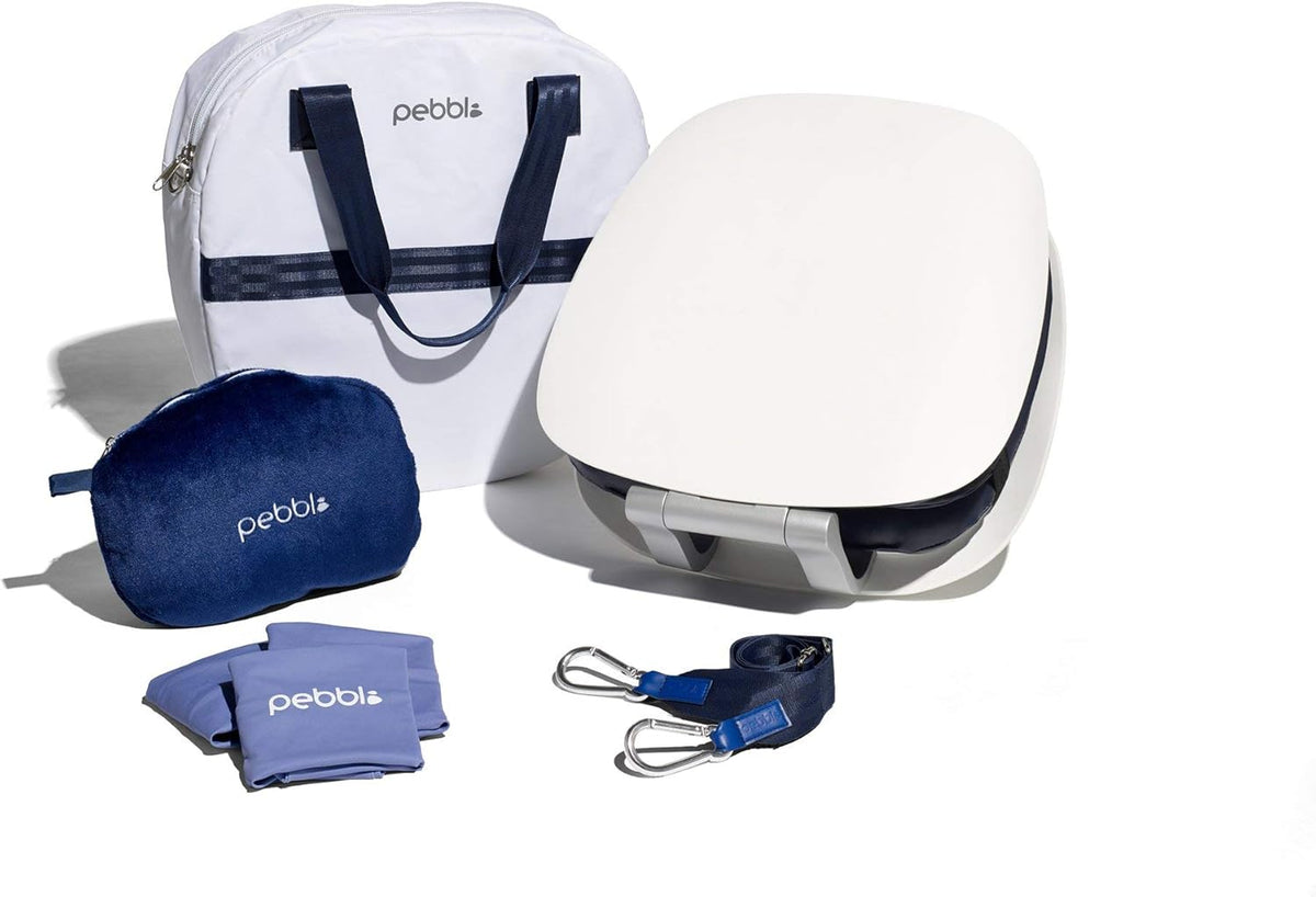 Portable Meditation Chair with Back Support Foldable Seat, Cushion, Carry-All Tote, Adjustable Carrier Strap, Blanket - Navy Blue Shell/White Cushions Y6633