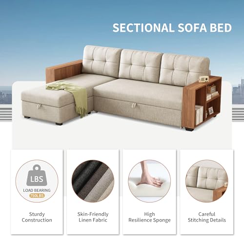 Beige L Shaped Convertible Sectional Sleeper Sofa with Storage Chaise Y4040