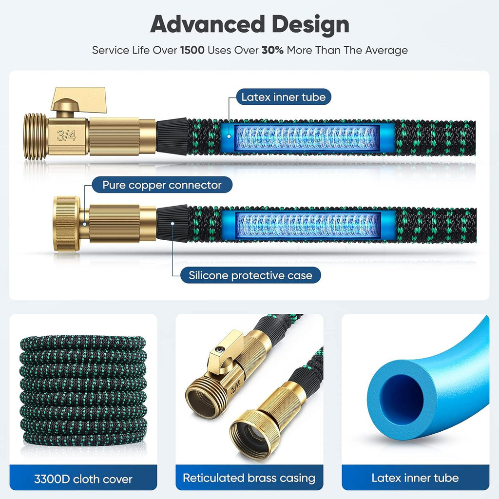 Expandable Garden Hose 100ft Heavy Duty Flexible Water Hose with 10 Function Sprayer Nozzle, 3/4 inch Solid Brass Fittings R16197