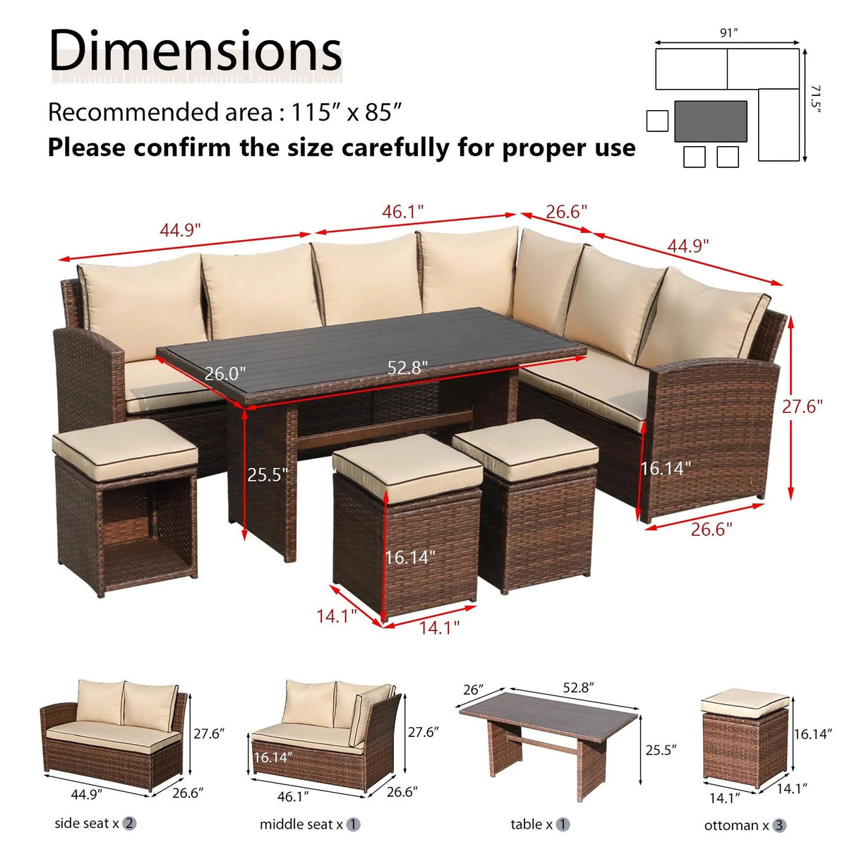 7 Pieces PE Rattan Wicker Patio Sofa Set I839