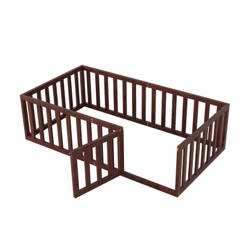 Twin Size Solid Wood Floor Bed Frame with Fence and Door R9671