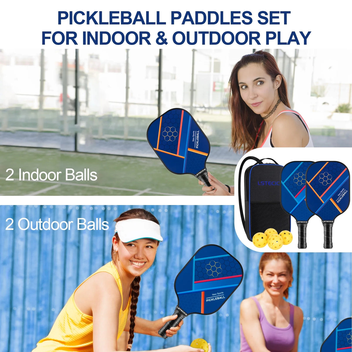 Blue Fiberglass Composite Pickleball Paddle Set of 2 with 4 Balls and Bag T41858