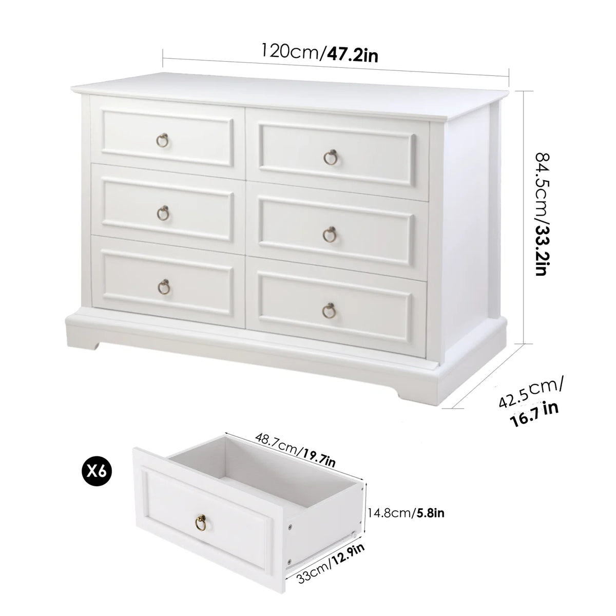 White 6 Drawer Double Dresser S4430