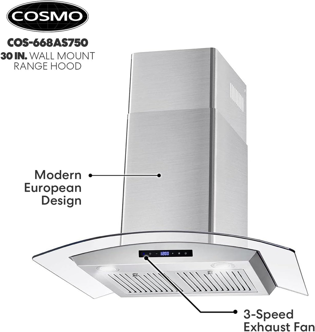 30 in. Wall Mount Range Hood with Curved Glass in Stainless Steel K75114