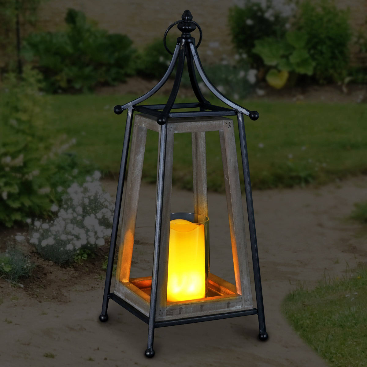Antiqued Wood and Metal Tented Candle Lantern with LED Candle, 20.5 Inches, Natural, Beige K694950