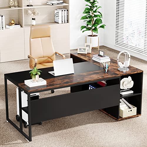 71 inch L Shaped Desk with Cabinet Storage and Shelves P984