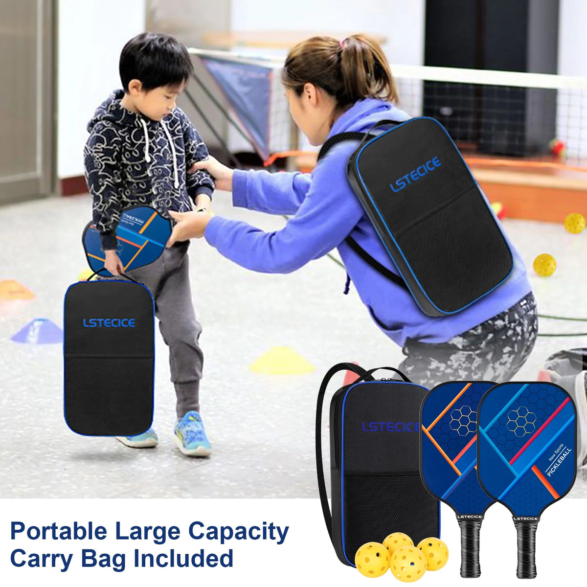 Blue Fiberglass Composite Pickleball Paddle Set of 2 with 4 Balls and Bag T41858
