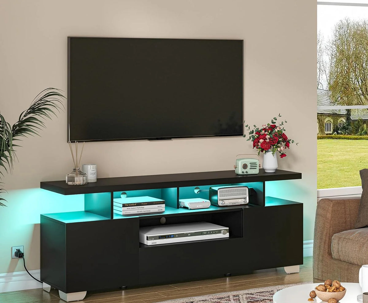 Modern TV Stand with Power Outlet and LED Lights J477
