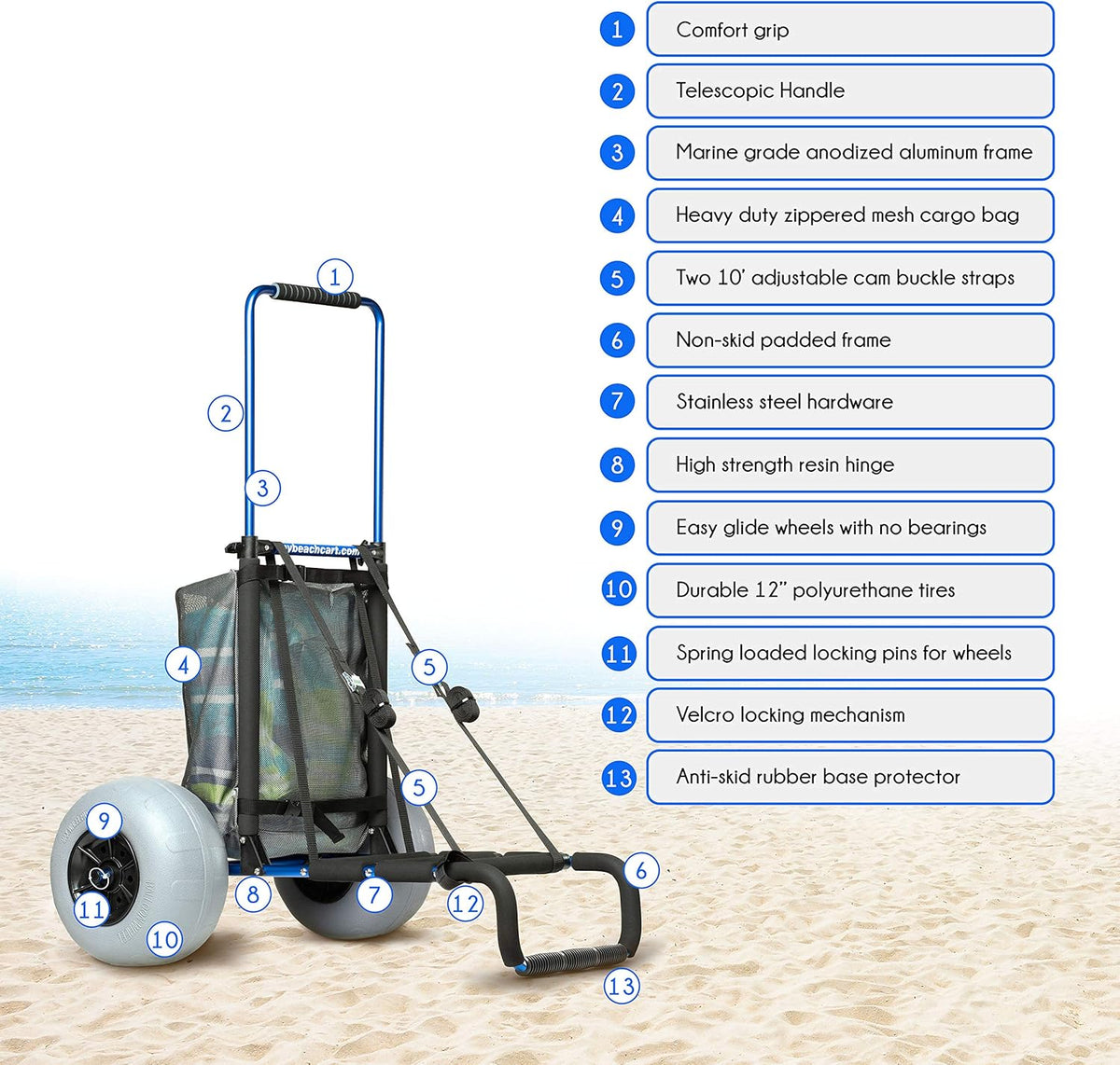 Aluminum Foldable Beach Cart Trolley 12 INCH Big Wheels Balloon Tires A13175
