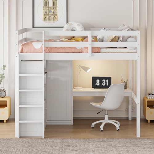 Full Size Solid Wood Loft Bed with Desk and Wardrobe K71112