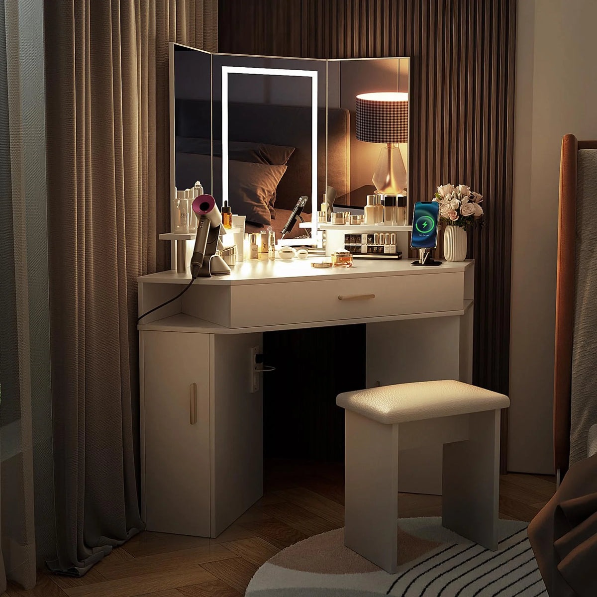 Corner Makeup Vanity Desk with Lighted Mirror 6 Drawers S571864