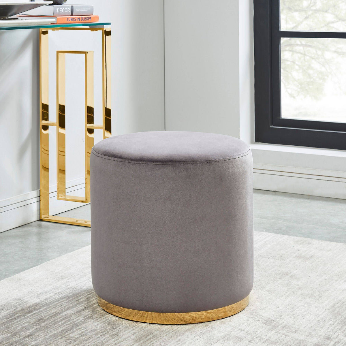 Gray and Gold Round Ottoman V242