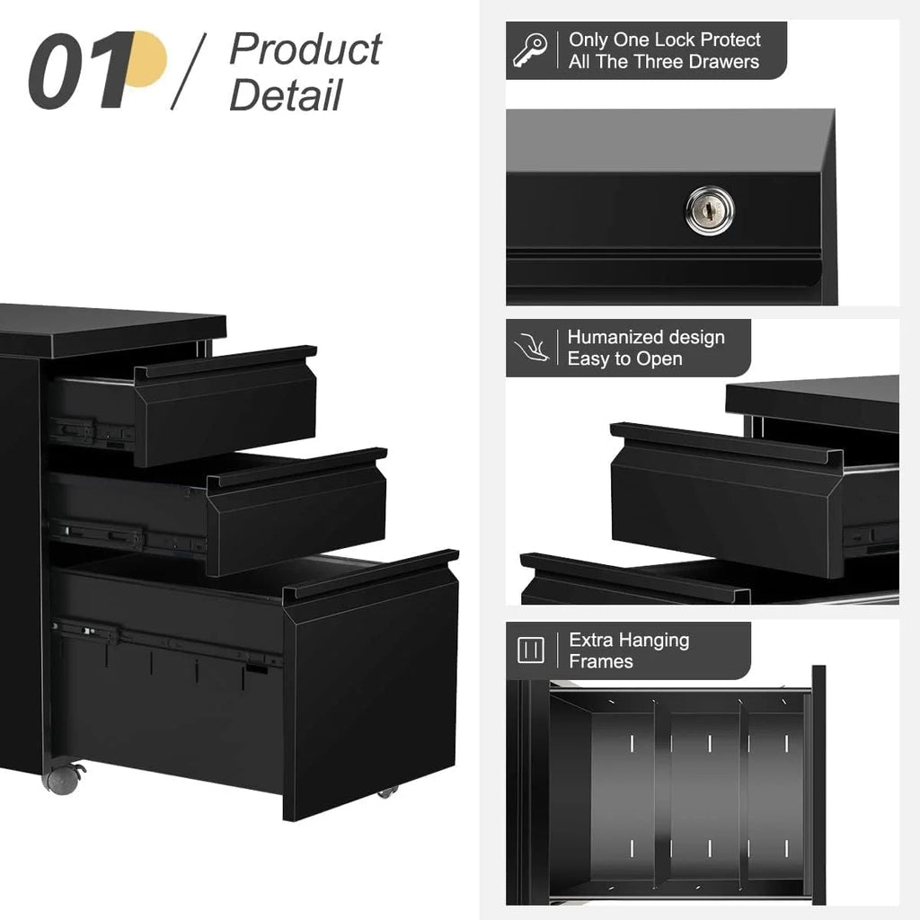 Black 3 Drawer Metal File Cabinet with Lock D5668