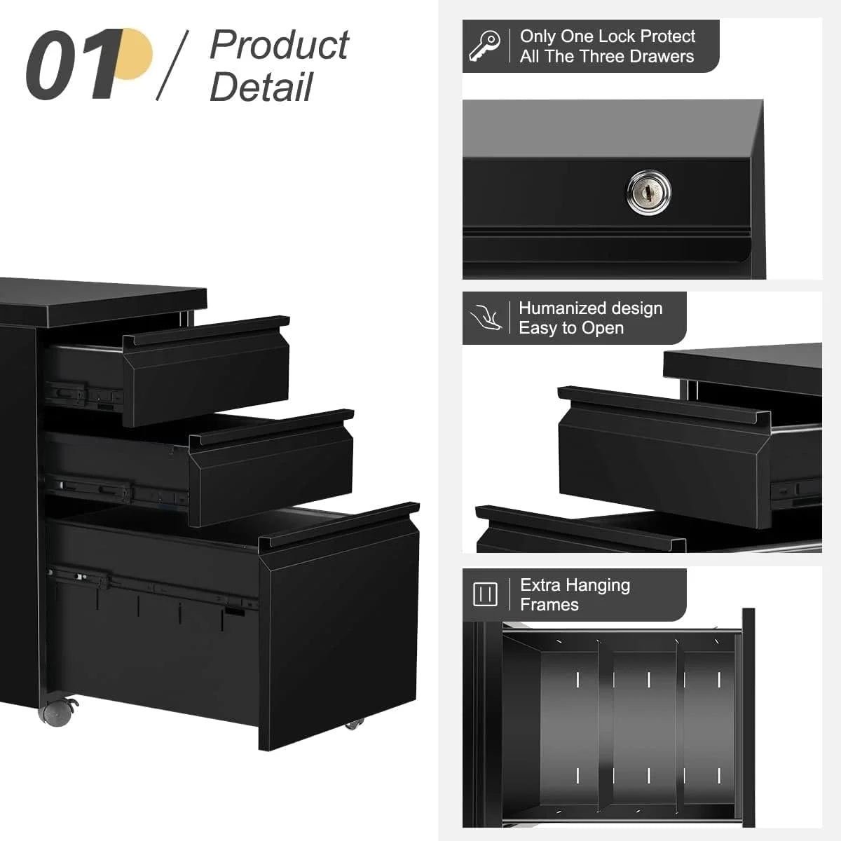 Black 3 Drawer Metal File Cabinet with Lock D5668