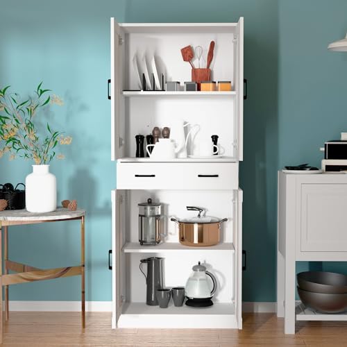 White 71" Tall Kitchen Storage Cabinet with doors and drawer M22337