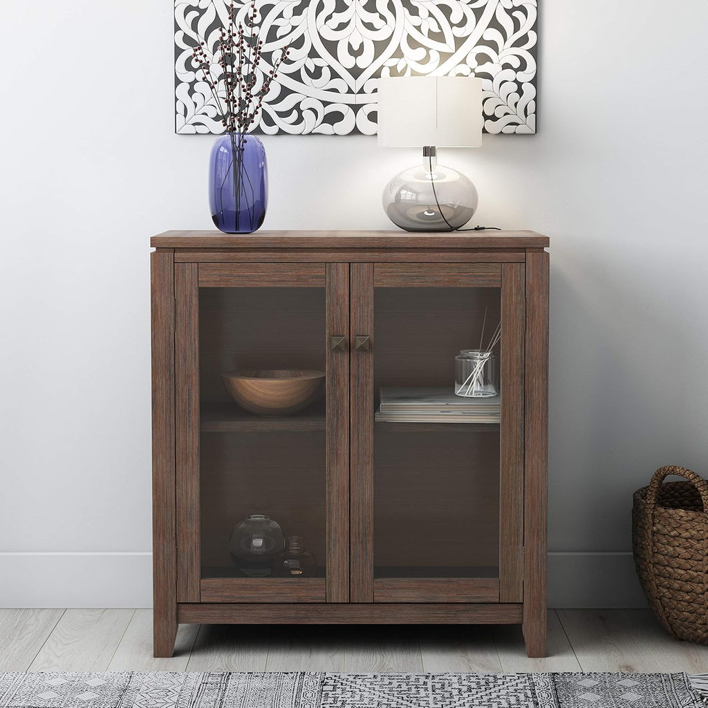 Solid Wood Low Storage Cabinet with 2 Tempered Glass Doors and 2 Adjustable Shelves X66281