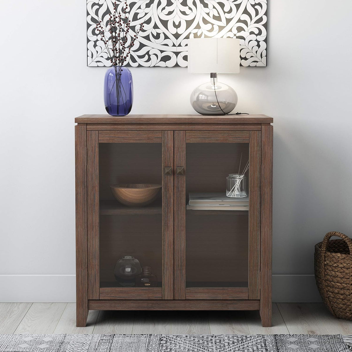 Solid Wood Low Storage Cabinet with 2 Tempered Glass Doors and 2 Adjustable Shelves X66281