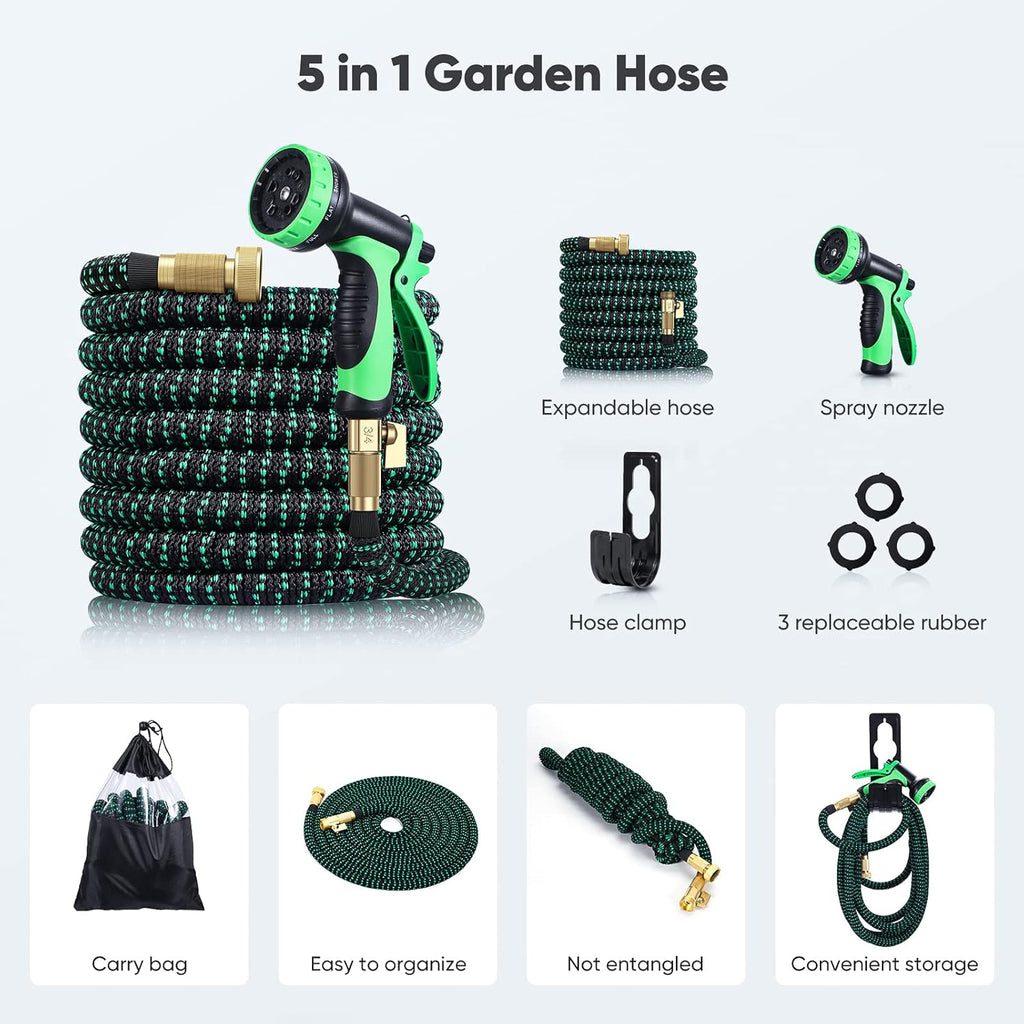 Expandable Garden Hose 100ft Heavy Duty Flexible Water Hose with 10 Function Sprayer Nozzle, 3/4 inch Solid Brass Fittings R16197