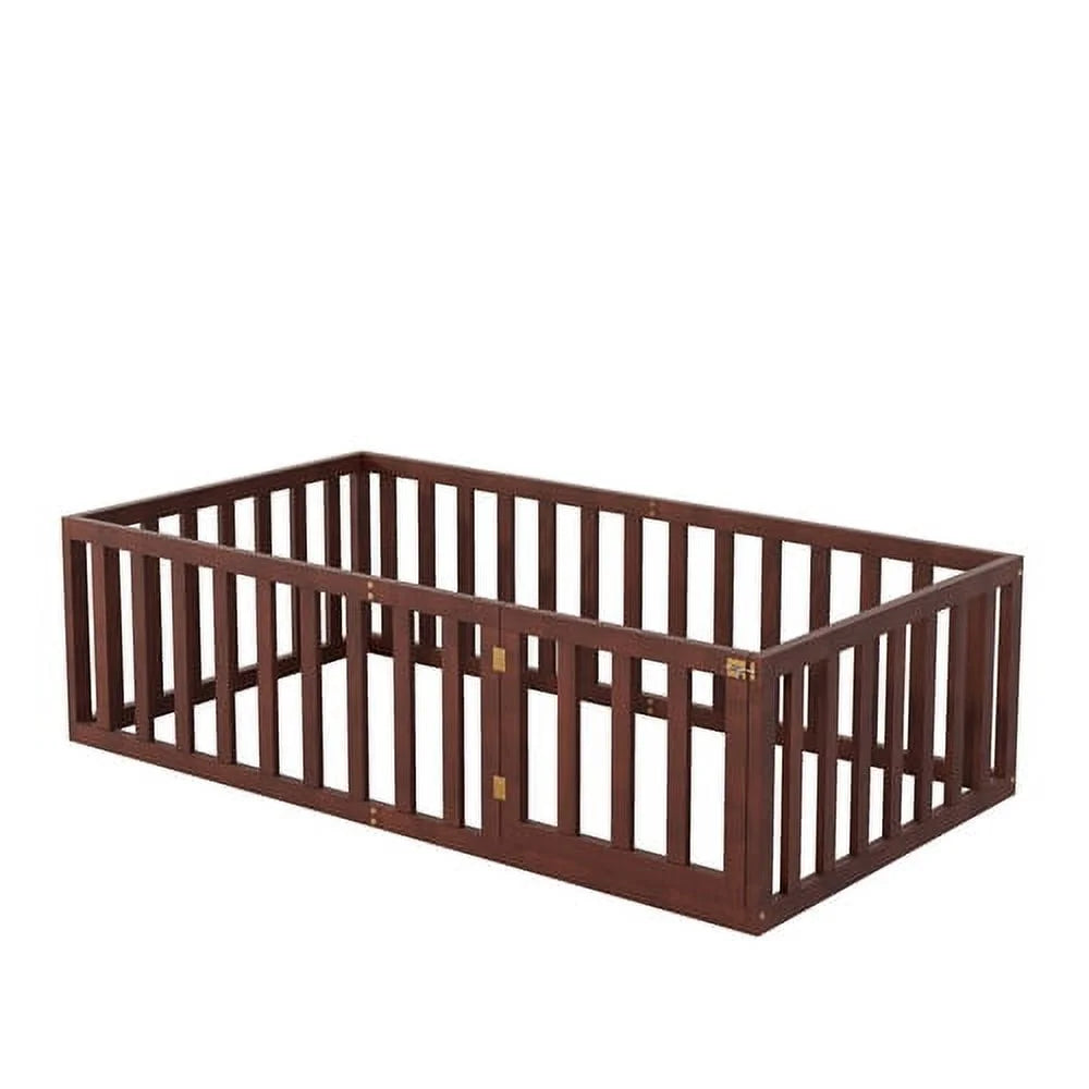 Twin Size Solid Wood Floor Bed Frame with Fence and Door R9671