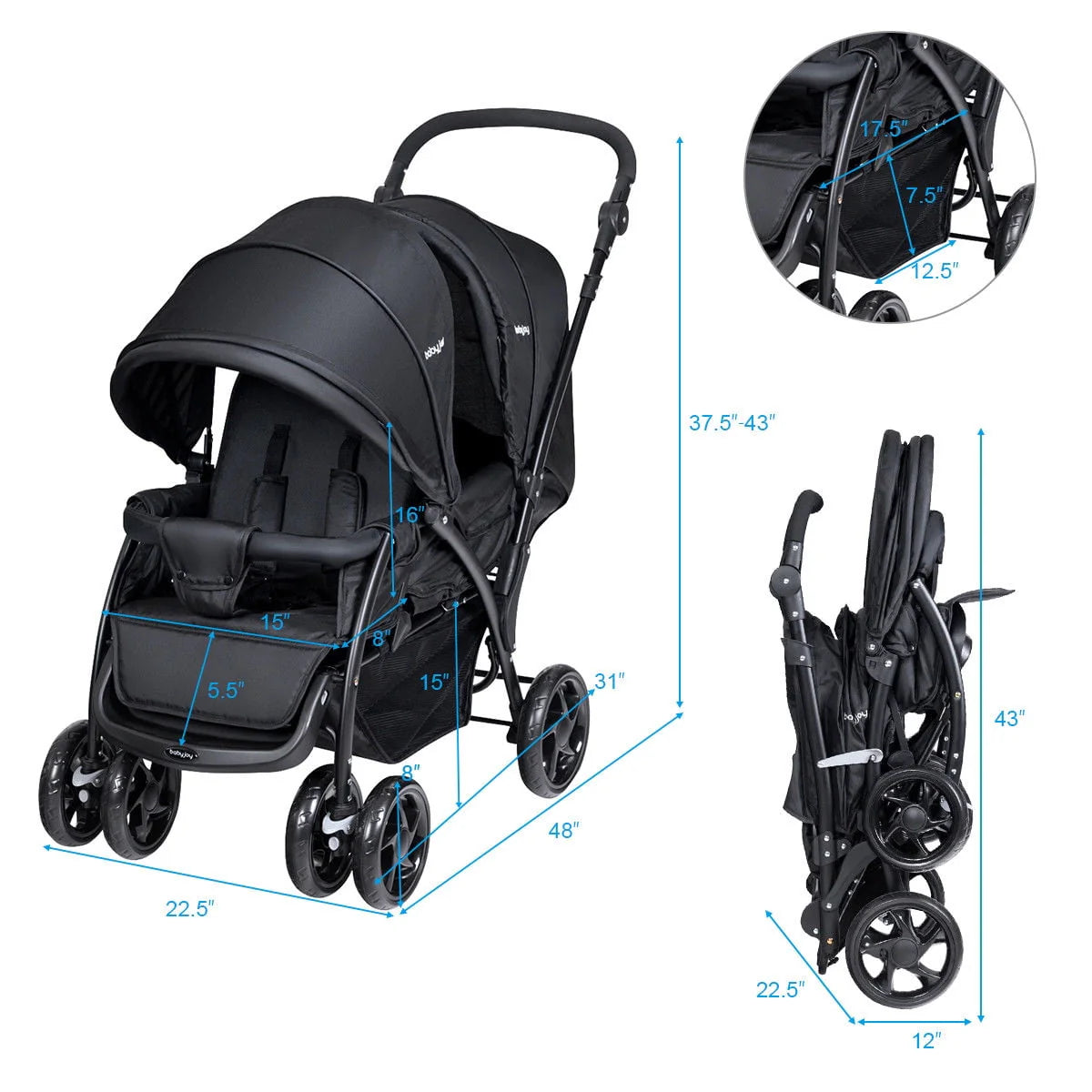 Foldable Lightweight Double Stroller Black T89124