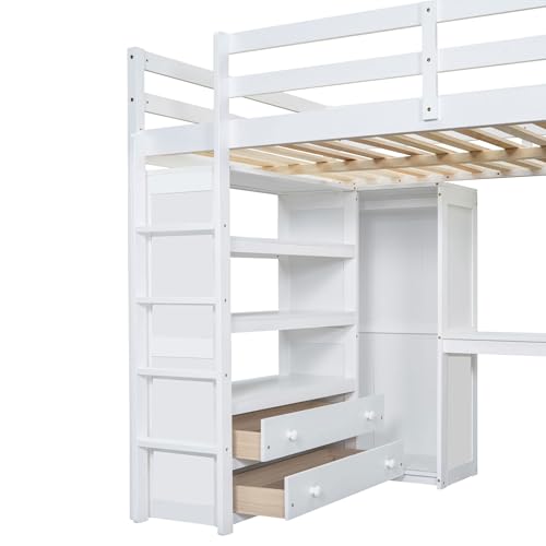 Full Size Solid Wood Loft Bed with Desk and Wardrobe K71112