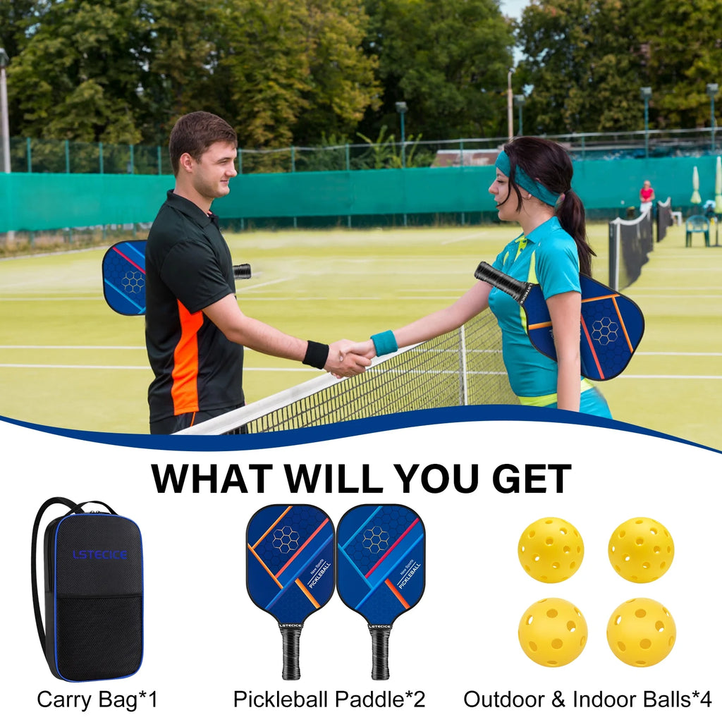 Blue Fiberglass Composite Pickleball Paddle Set of 2 with 4 Balls and Bag T41858