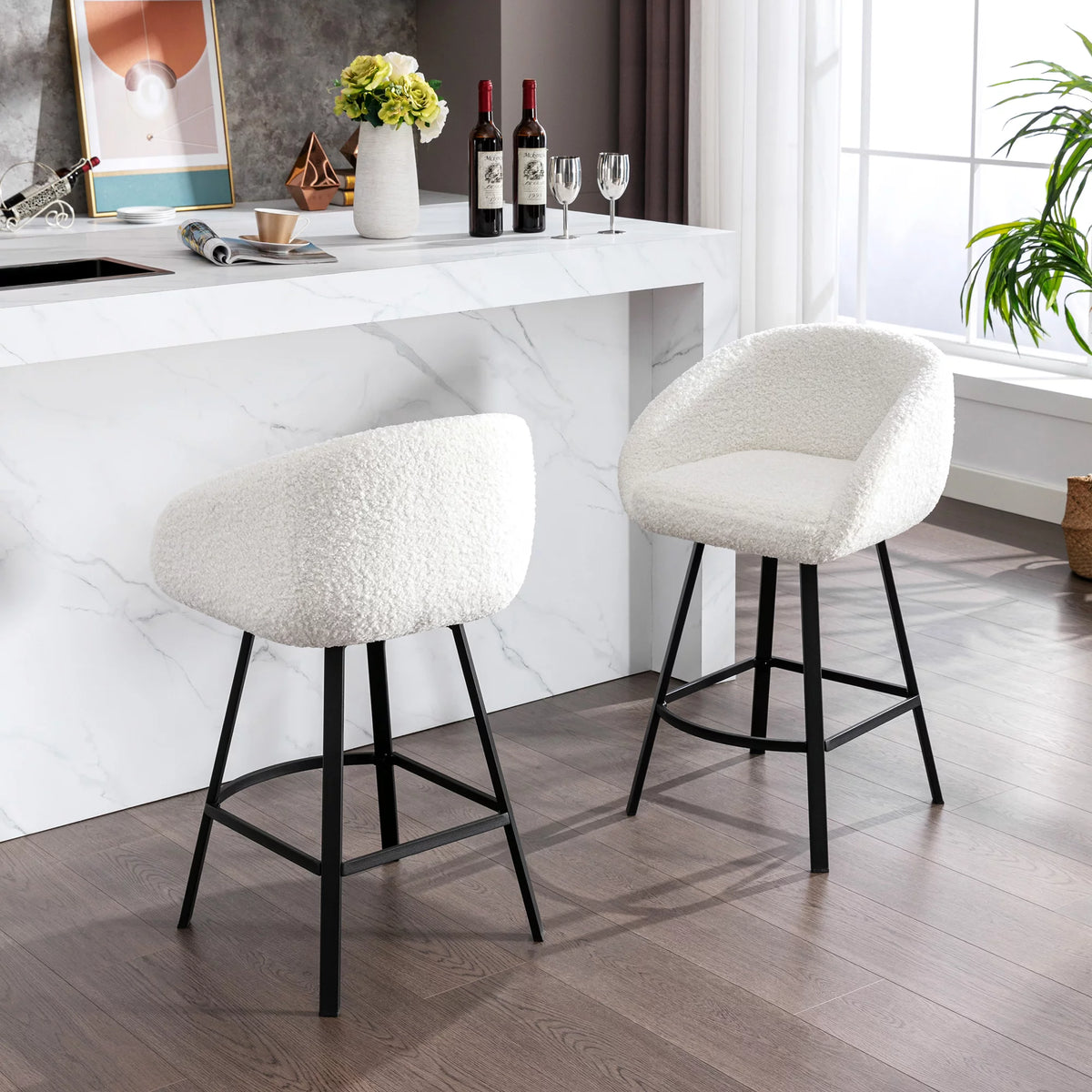 25.6" Sherpa Barrel Swivel Counter Stools Set of 2 White U777