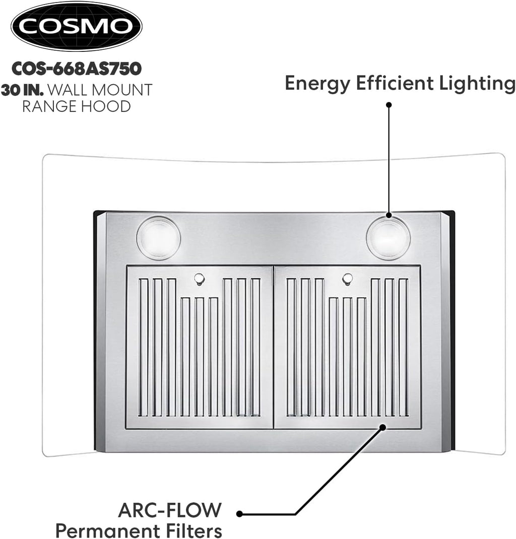 30 in. Wall Mount Range Hood with Curved Glass in Stainless Steel K75114
