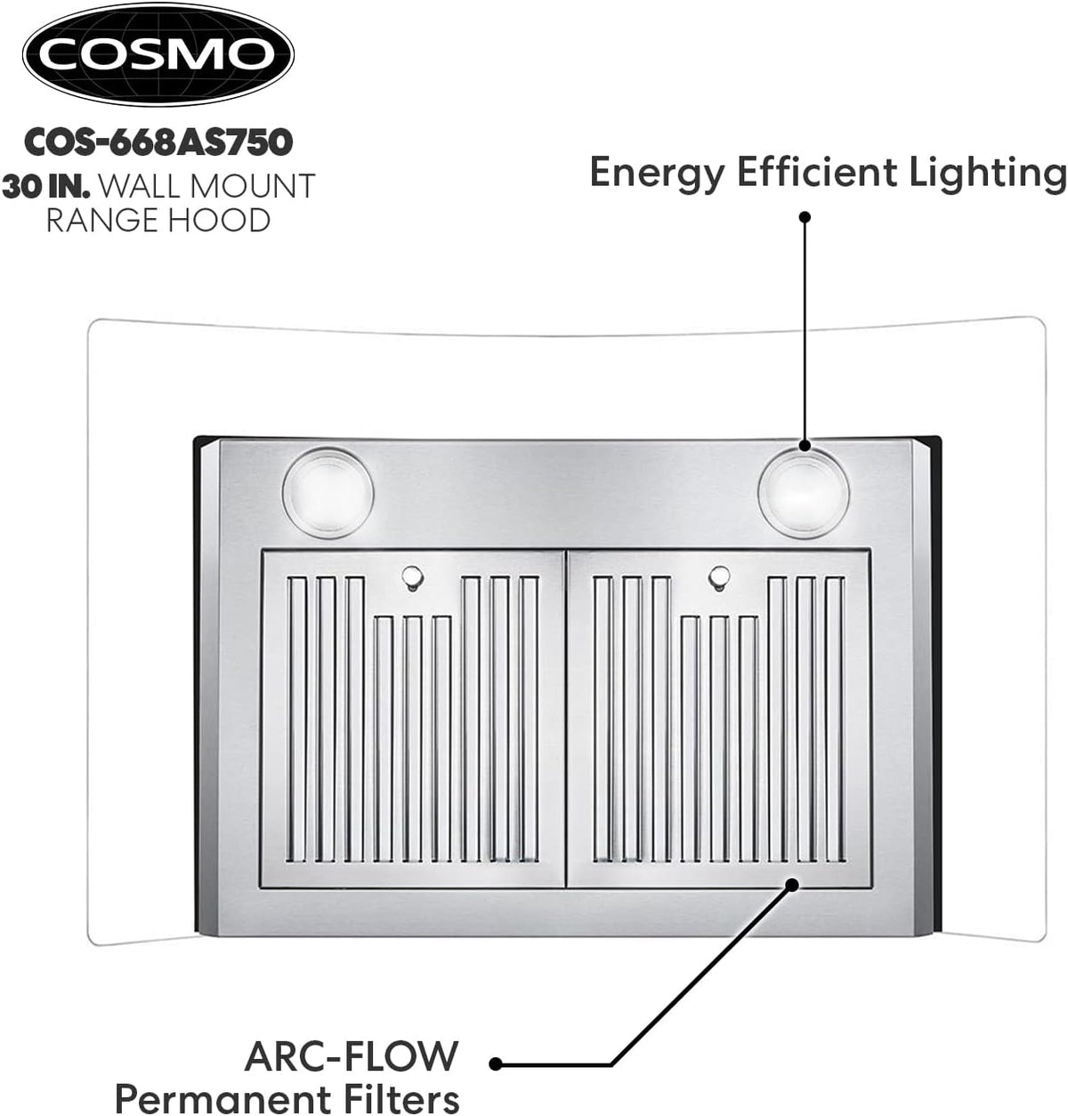 30 in. Wall Mount Range Hood with Curved Glass in Stainless Steel K75114