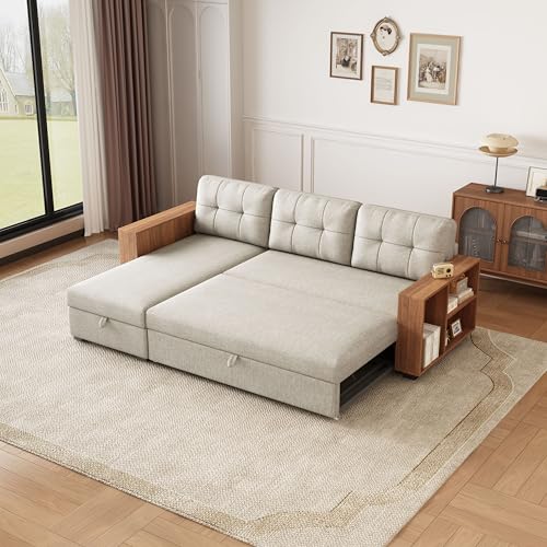 Beige L Shaped Convertible Sectional Sleeper Sofa with Storage Chaise Y4040