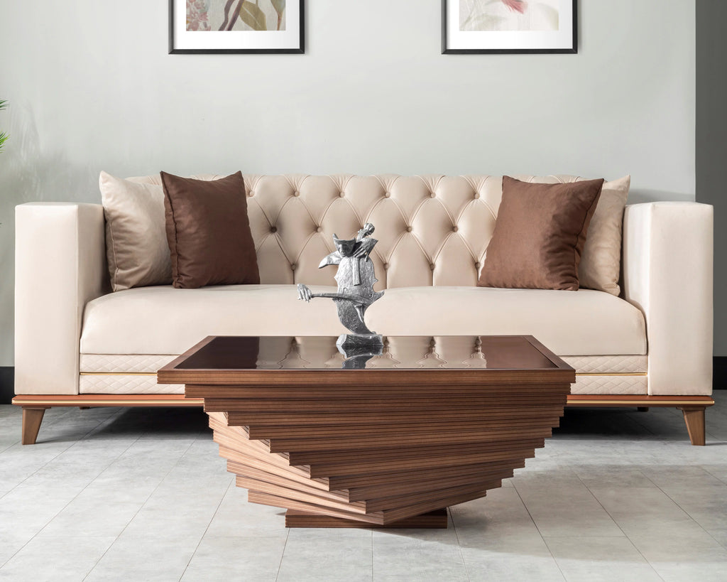 Brown Wooden Coffee Table with Glass J674