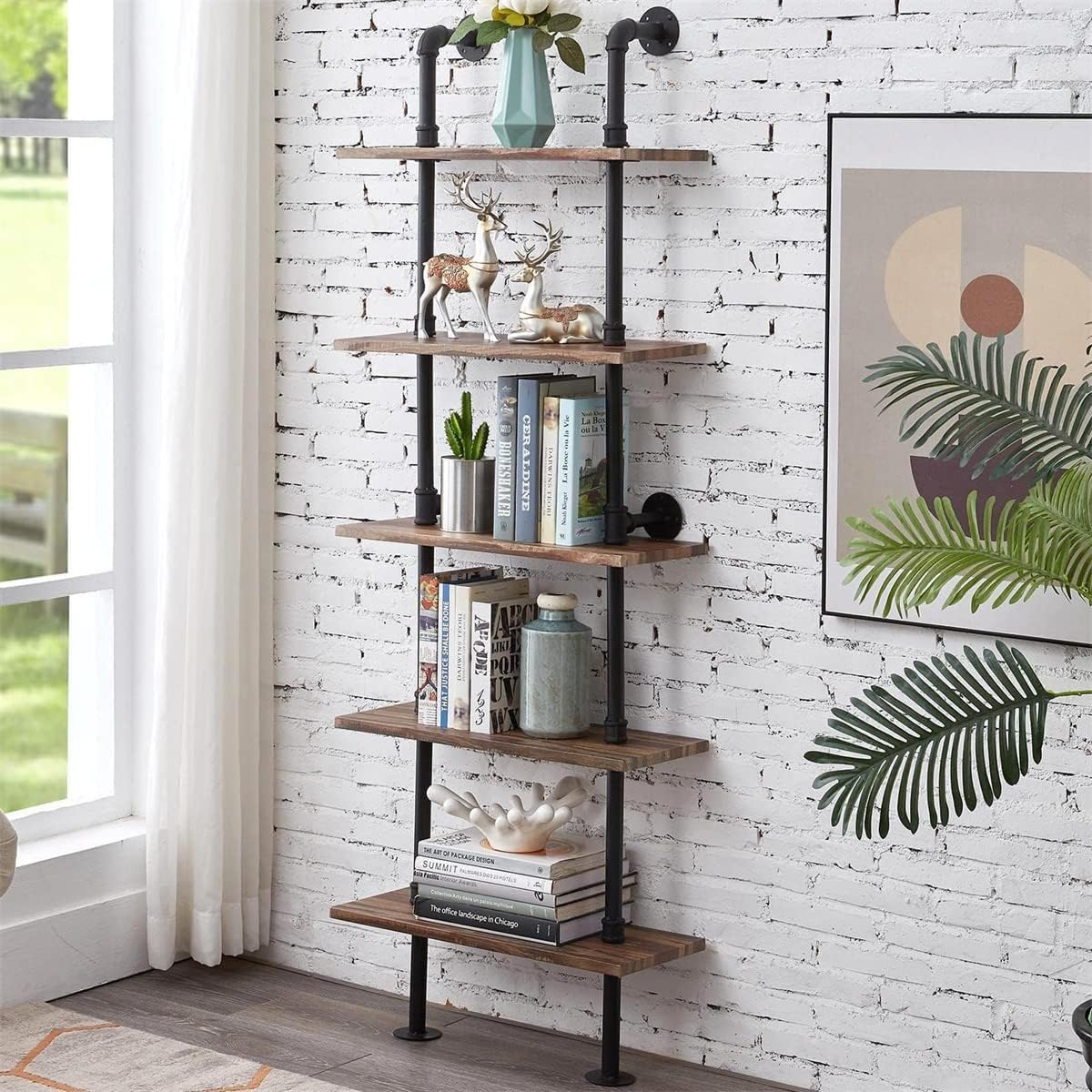 Rustic Industrial 5-Shelf Ladder Bookcase W300531