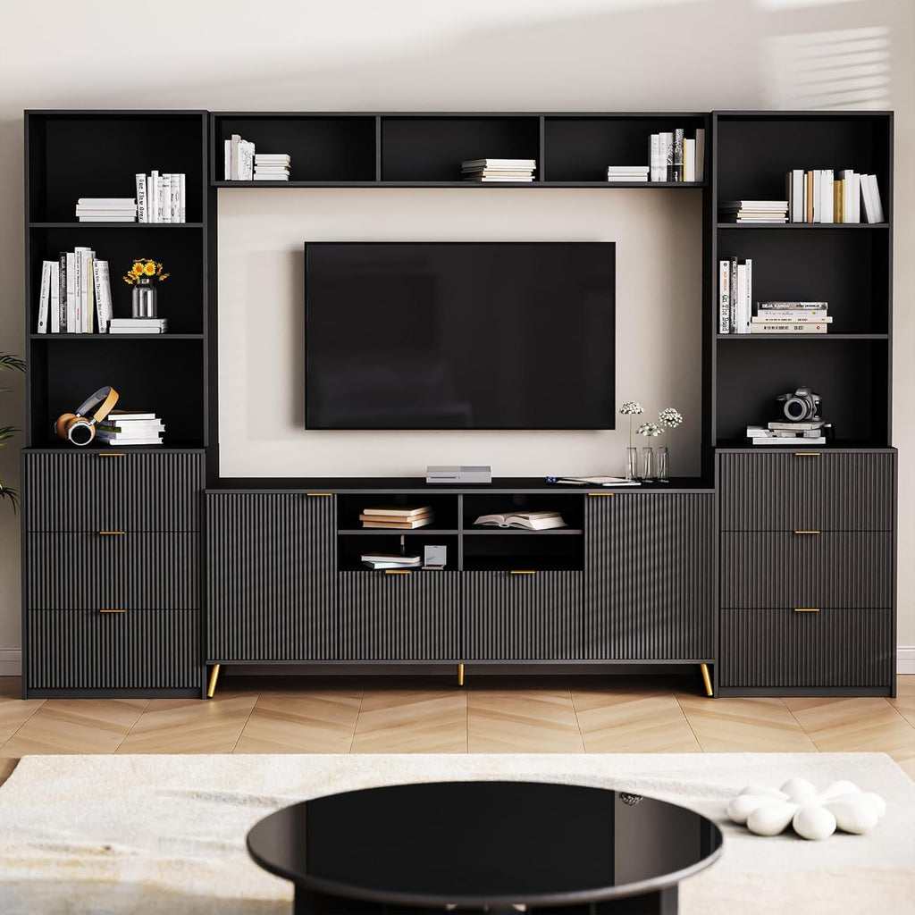Black 4-Piece TV Stand with 13 Shelves, 8 Drawers and 2 Cabinets D967291