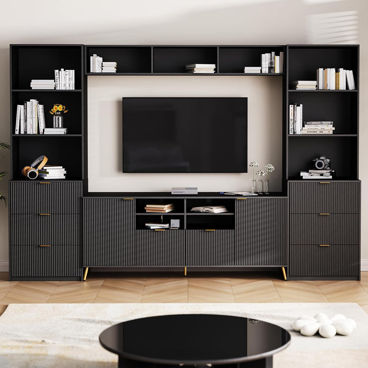 Black 4-Piece TV Stand with 13 Shelves, 8 Drawers and 2 Cabinets D967291