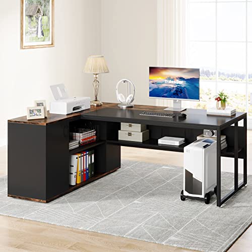 71 inch L Shaped Desk with Cabinet Storage and Shelves P984