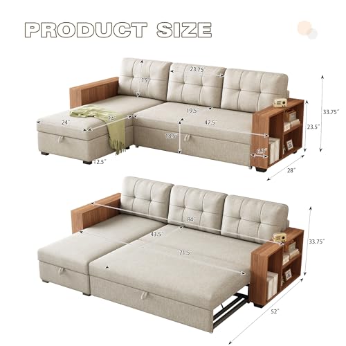 Beige L Shaped Convertible Sectional Sleeper Sofa with Storage Chaise Y4040