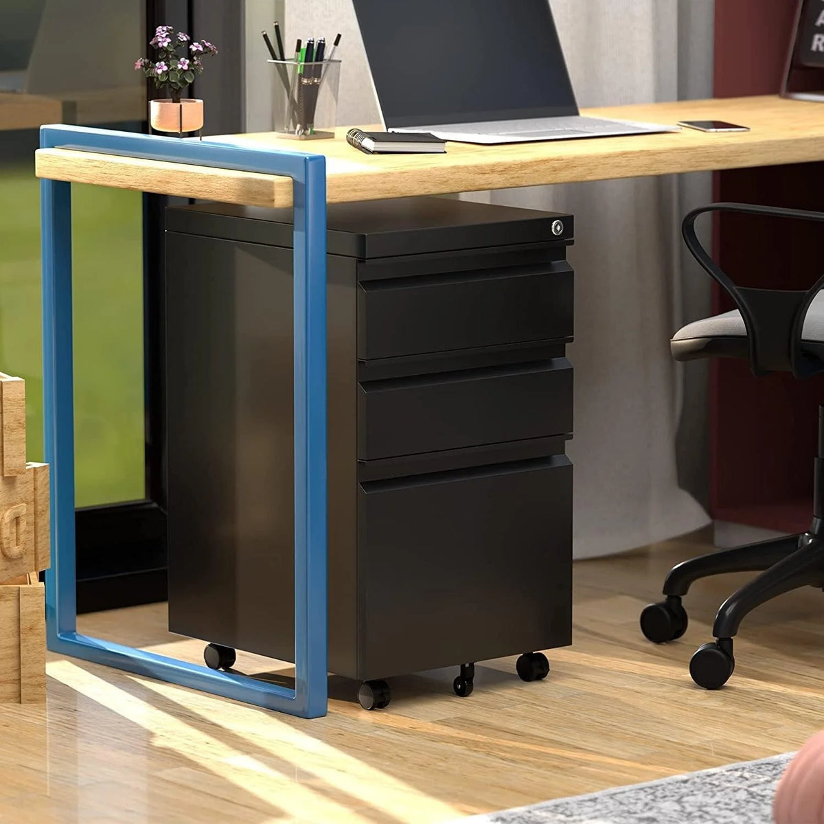 Black 3 Drawer Metal File Cabinet with Lock D5668