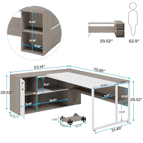 71 inch L Shaped Desk with Cabinet Storage and Shelves P984