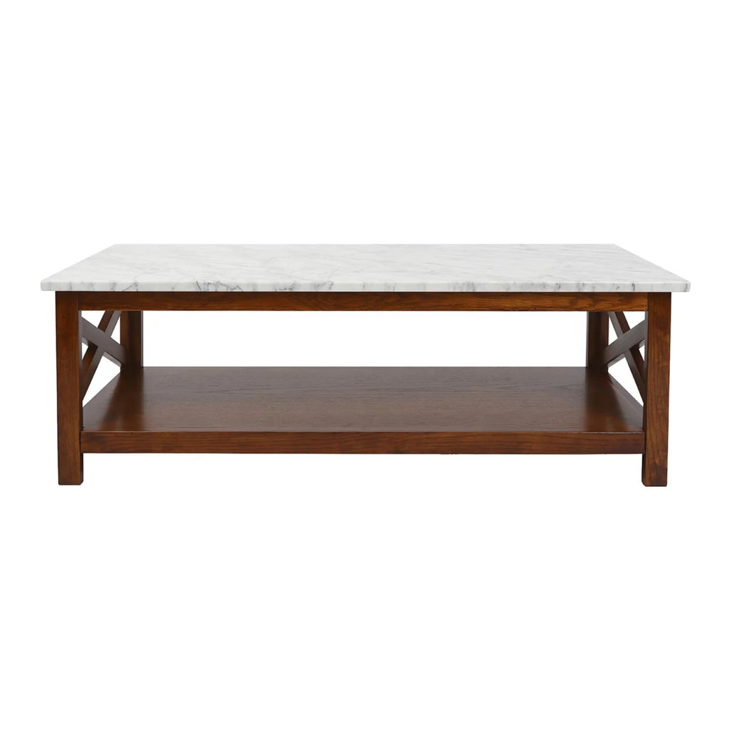 44" Rectangular White Marble Coffee Table with Solid Wood Legs I97953