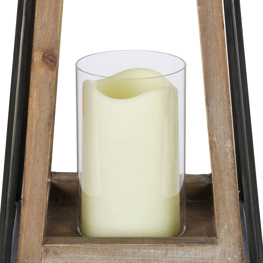 Antiqued Wood and Metal Tented Candle Lantern with LED Candle, 20.5 Inches, Natural, Beige K694950