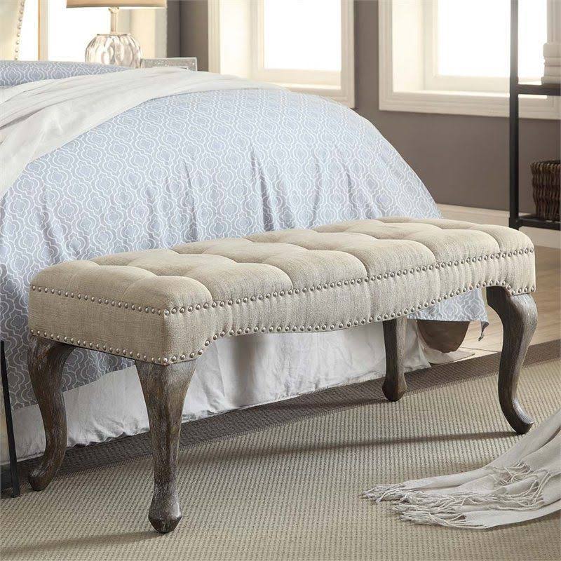 Washed Natural Linen Nailhead Bedroom Bench Q6691