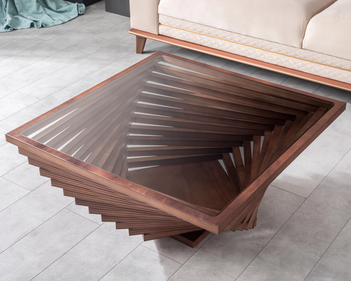 Brown Wooden Coffee Table with Glass J674